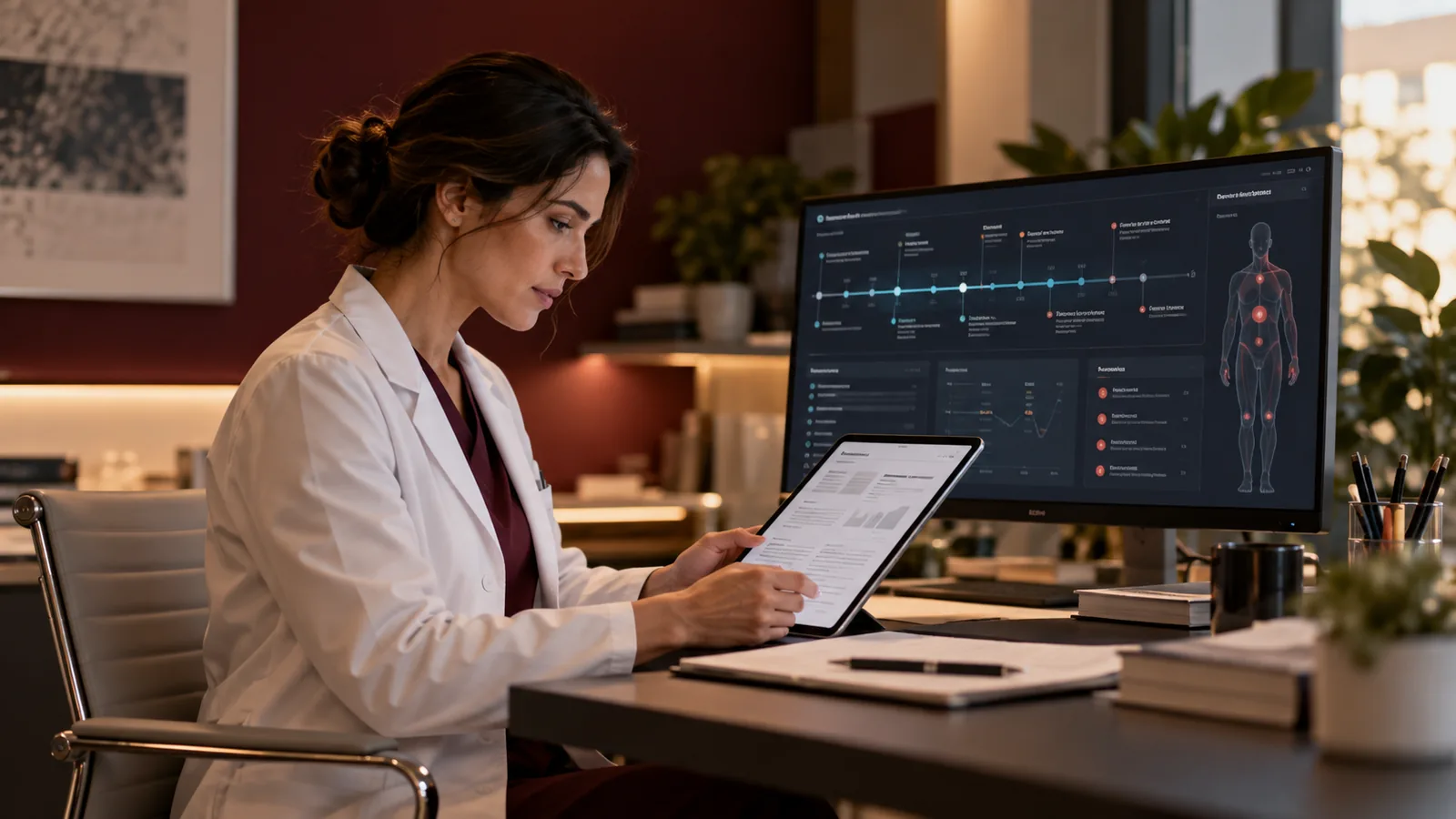 Illustrative clinician reviewing a structured digital case dossier