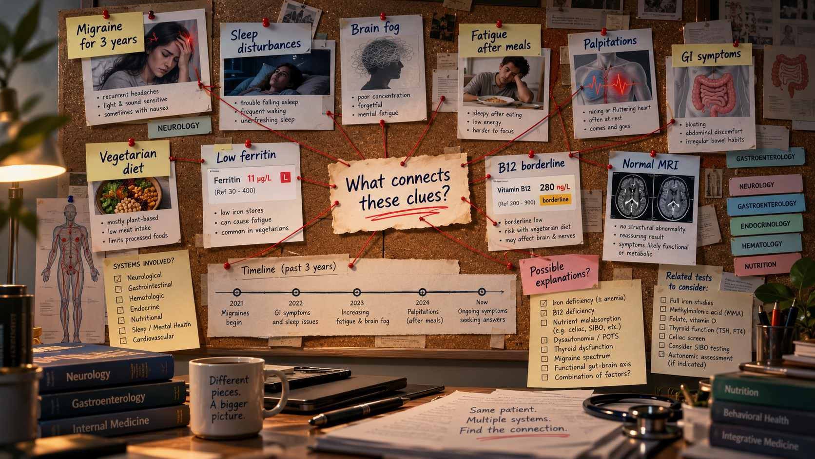 Illustration connecting symptoms, blood-test results and treatment history across several medical specialties to explore a complex case.